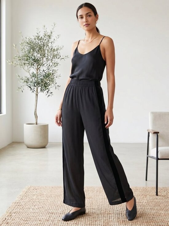 Emanuel Ungaro Sheer Black Wide Leg Pant With Side Stripe,Elastic Waist Size 8